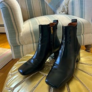 Black Patent square toe ankle boot by Franco Sarto.